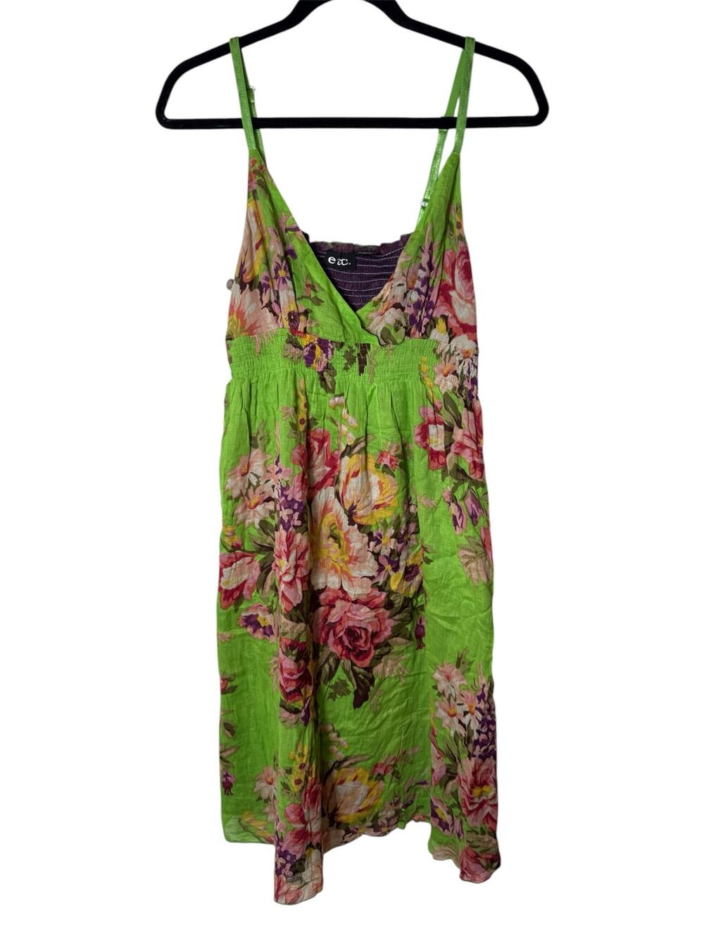 Y2K Green Large Floral Print Cotton Babydoll Dress Sz L Fairy Grunge Boho *Flaw